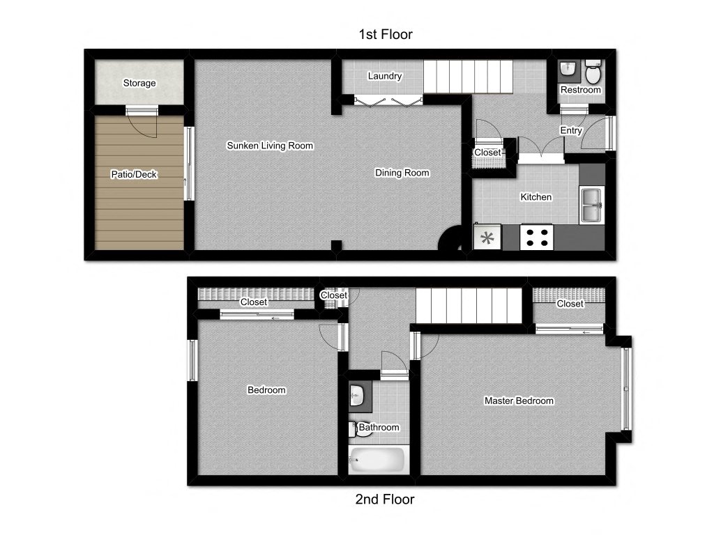 Floor plan for 2 beds, 1.5 baths, 1088 sqft